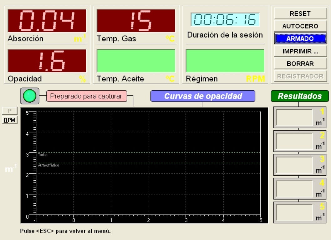 Foto pantalla del analizador de opacidad de gases diesel