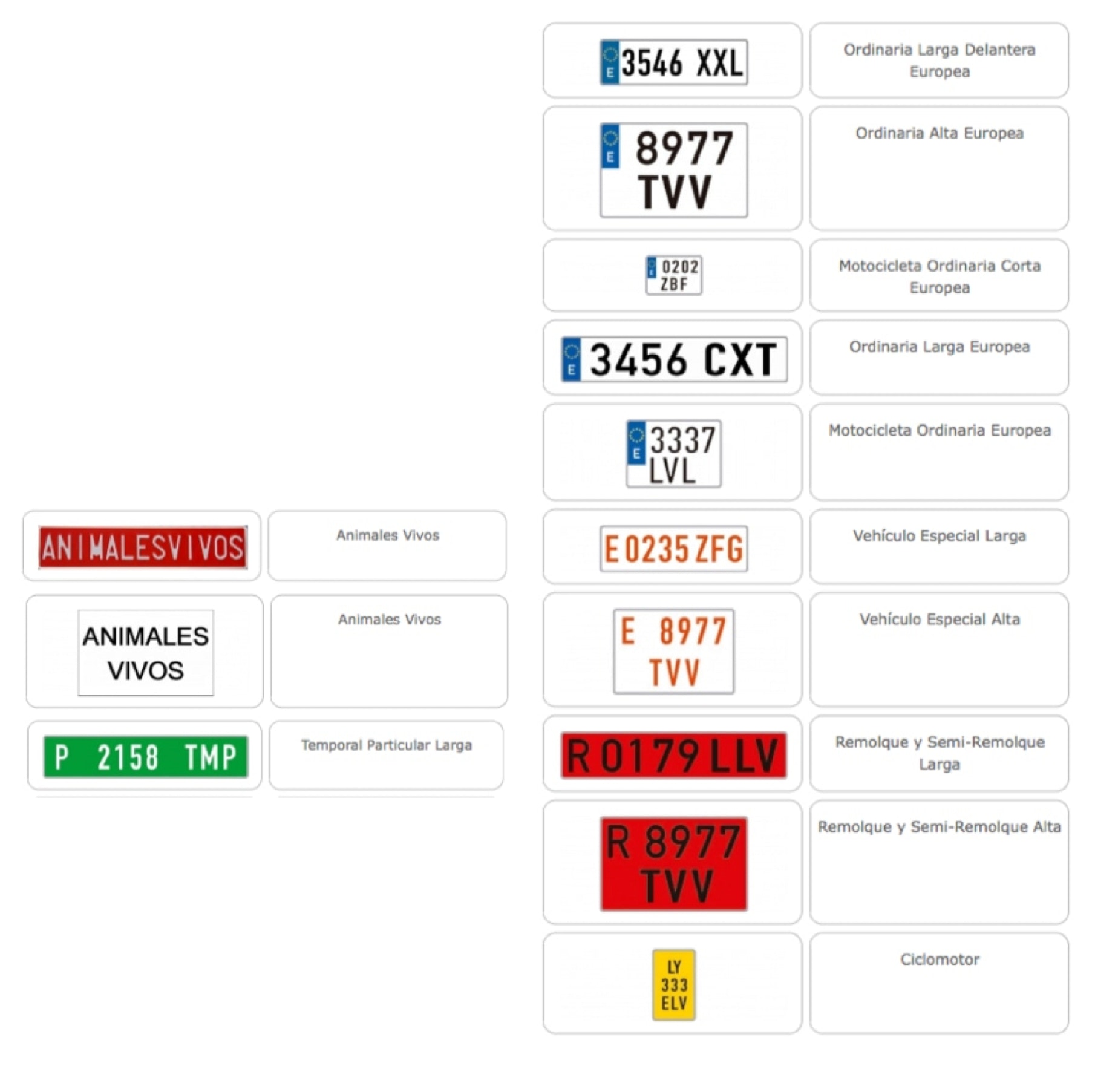 Tipos de placas de matrícula disponibles